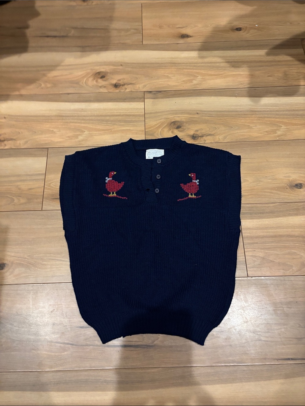 Vintage Pendleton Navy Knit Henley Vest with Red Bird Embroidery100% Virgin Wool